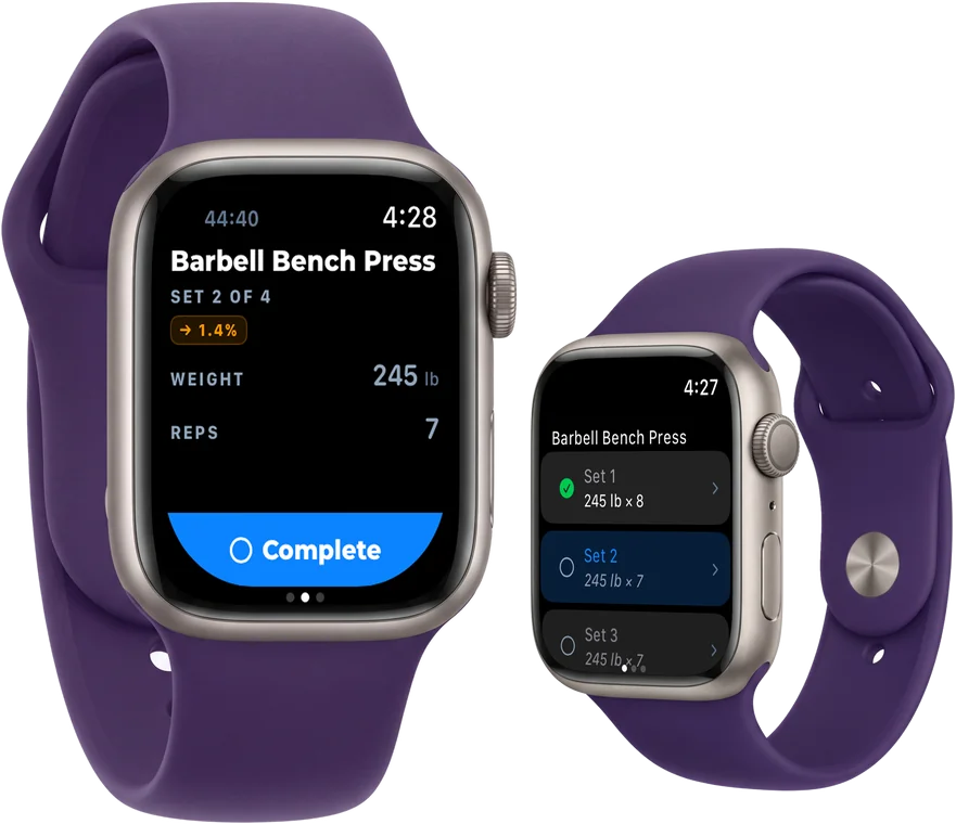 TRY on Apple Watch: today's set with its target and a Complete button, and the list of sets with their targets